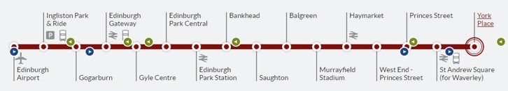Map of tram stops from Edinburgh Airport to York Place