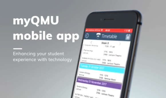 myQMU mobile app poster with screenshot on smartphone