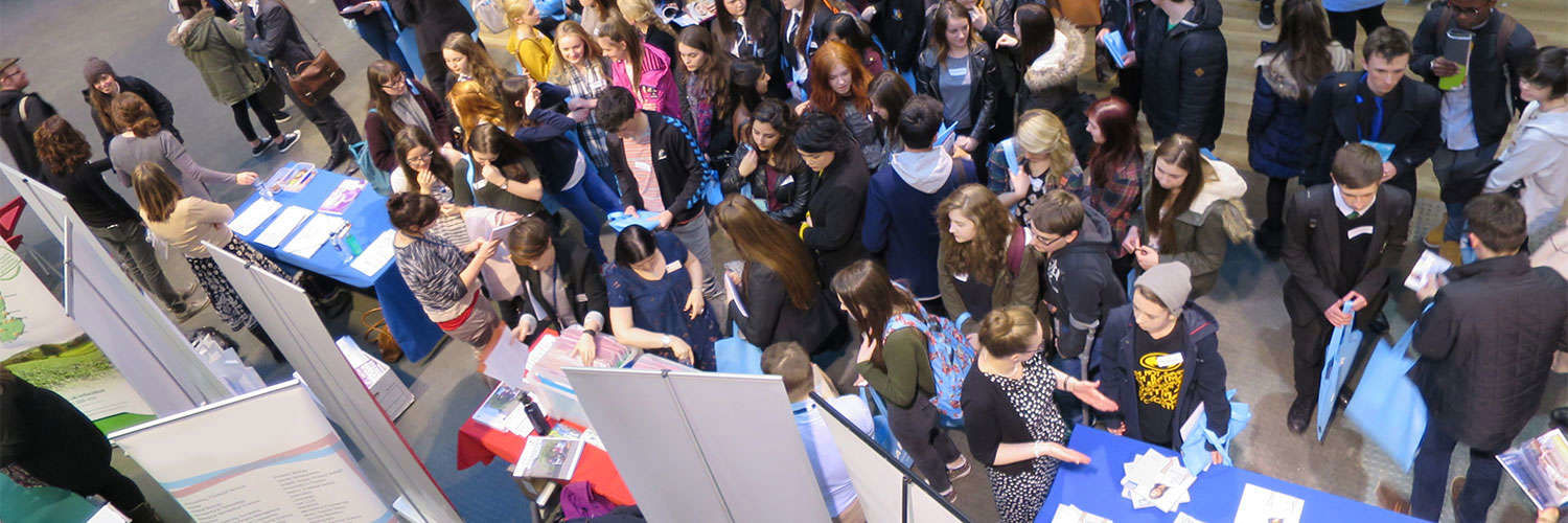 Aerial view of a busy school fair, Queen Margaret University, Edinburgh