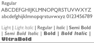 the alphabet written in Gill Sans font and shown in different variants of bold & italic