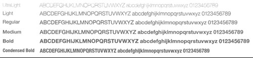 the alphabet written in Helvetica Neue font, shown in different variations of bold