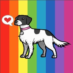 An illustration of Morag the dog on a rainbow background
