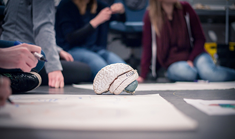 QMU students sitting on the floor looking at a model brain and doing a group project