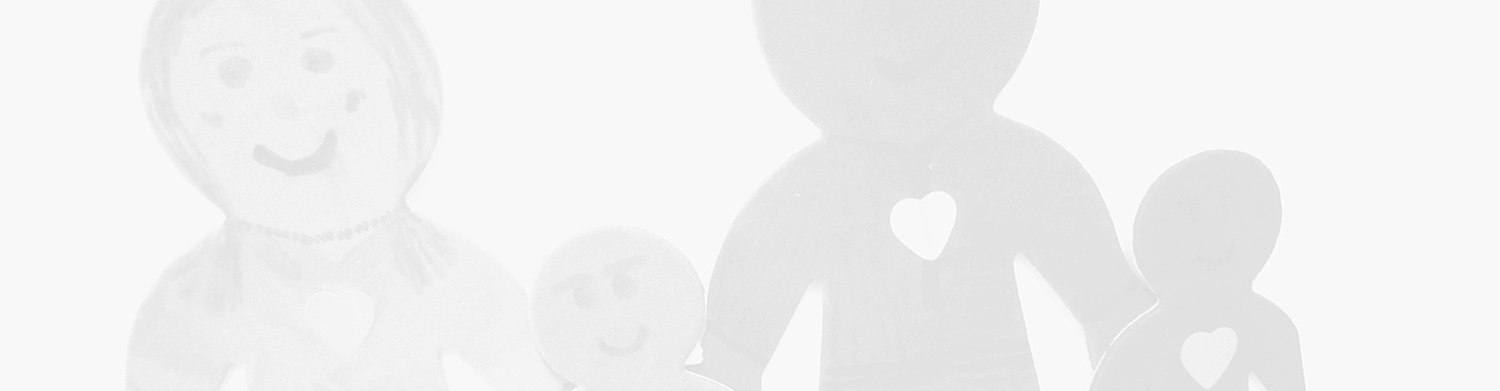 Greyscale photo of a child's drawing of a family with hearts on their chests