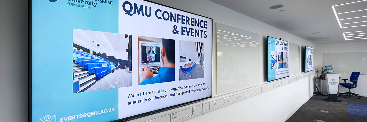 A close up of the screens in the Conference Suite at Queen Margaret University, Edinburgh