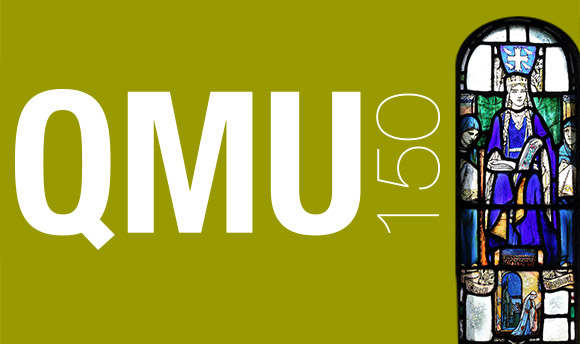 The text "QMU150" alongside a blue stained-glass window featuring St Margaret.