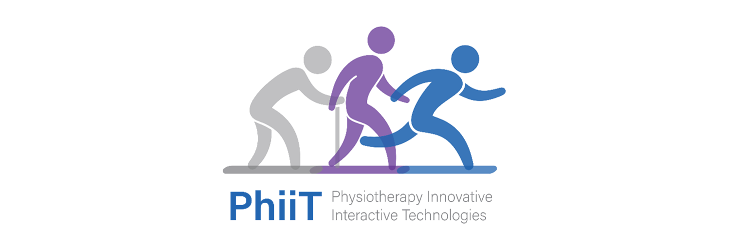 The logo for Physiotherapy Innovative Interactive Technologies (PhiiT), the brand text appears beneath a sequence of figures. One person holding a supportive frame, then walking, then running.