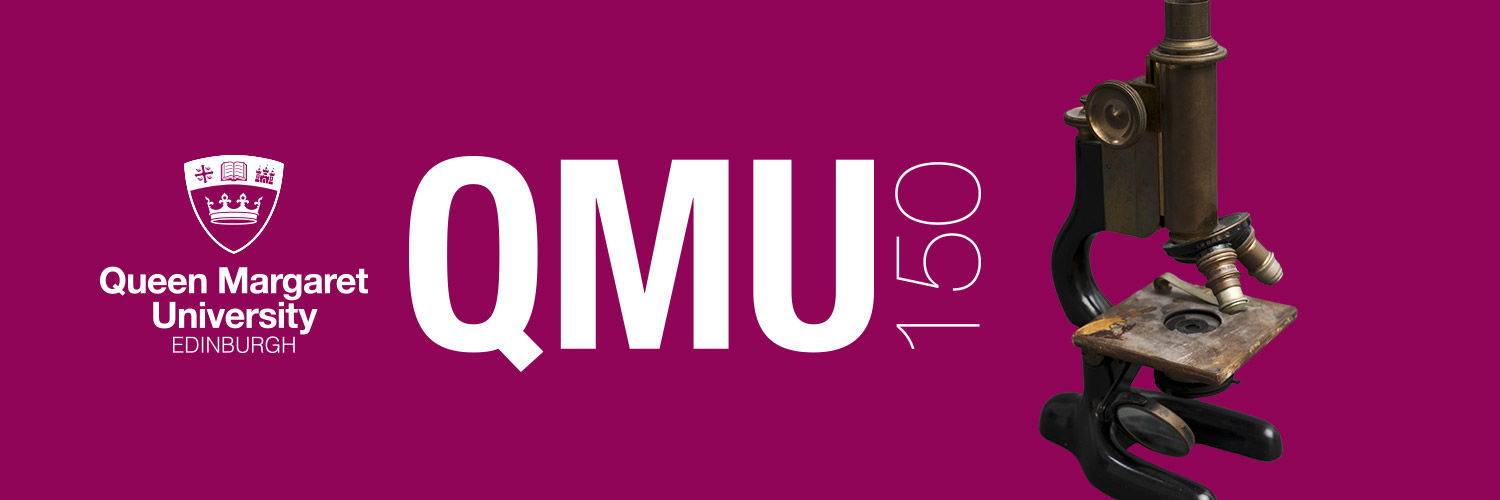 A standard banner with the QMU Logo and the text "QMU150" alongside a vintage microscope.