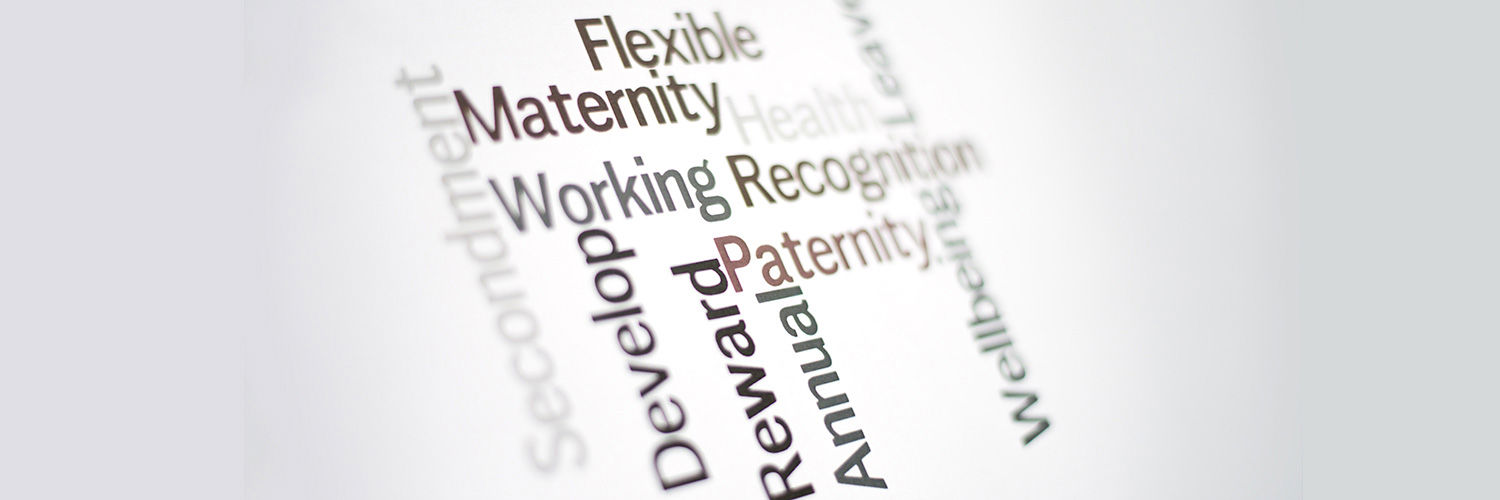 A word cloud with the words "maternity, Flexible, Develop, Paternity & Wellbeing" etc