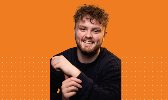 Headshot of student Luis Mutch over an orange background