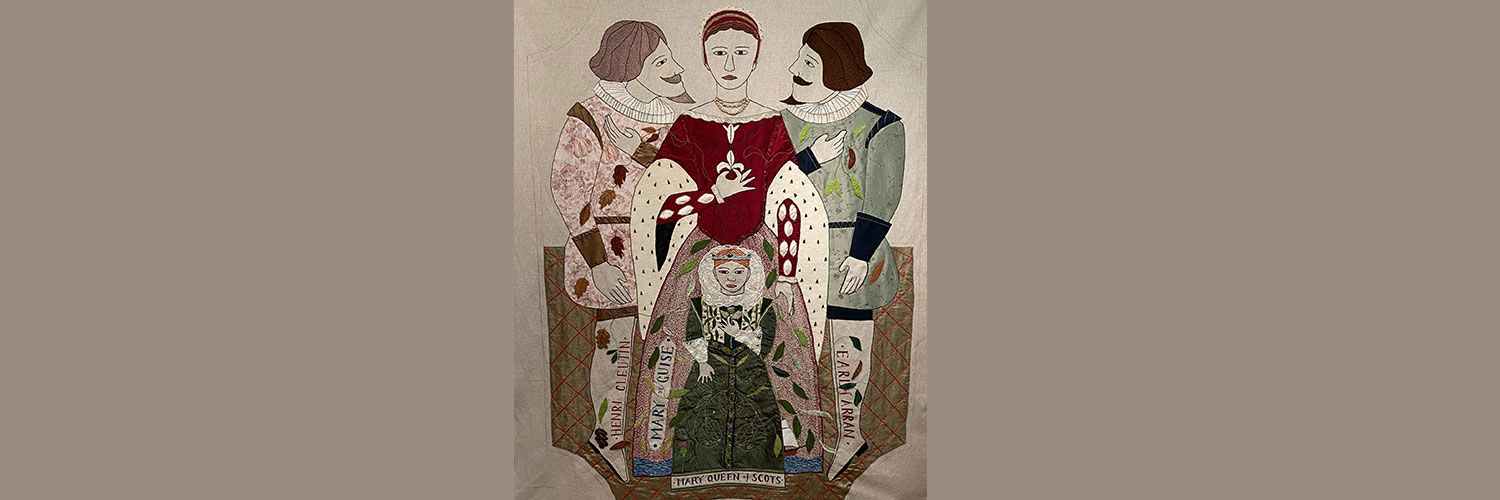 tapestry panel depicting three historical figures