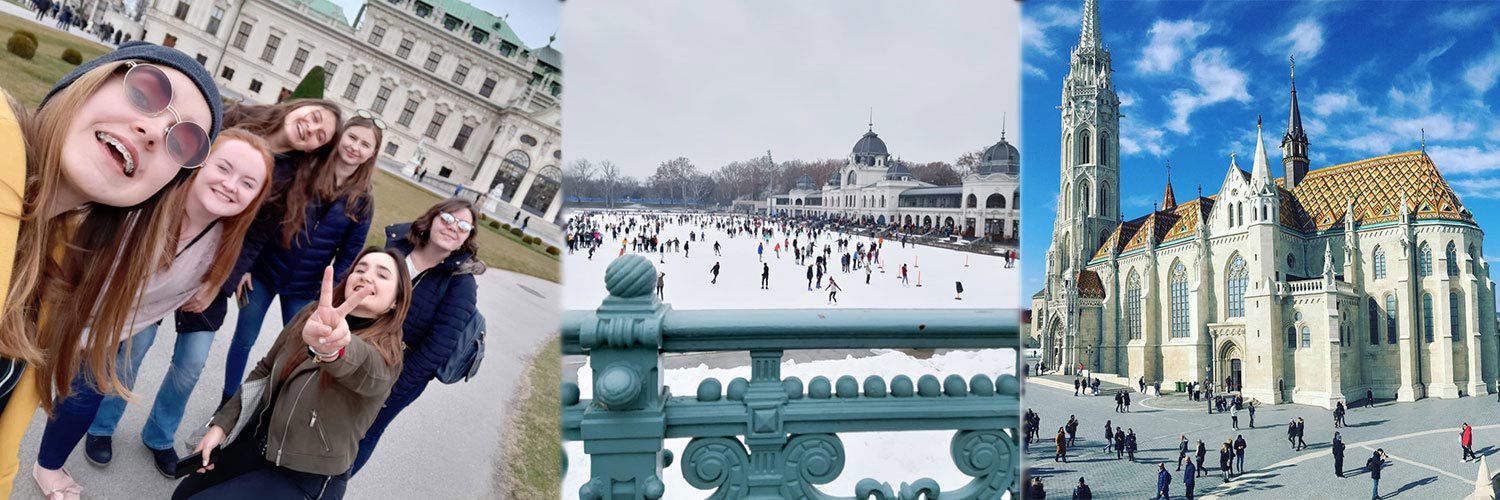 A collage image of Alexandria Brown, a frozen lake, and a grand European church.