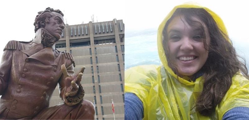 A collage of two images, the first is a bronze statue of Major General Sir Isaac Brock; the second of a person in a yellow raincoat at Niagara Falls.