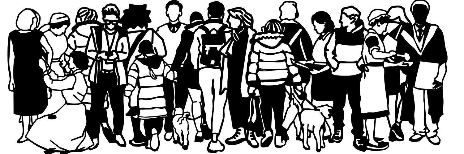 A black and white linocut-style cutout of a group of people.