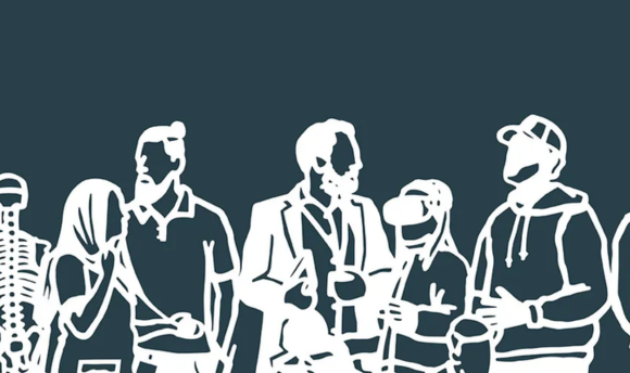 A linocut-style cutout of a group of people.