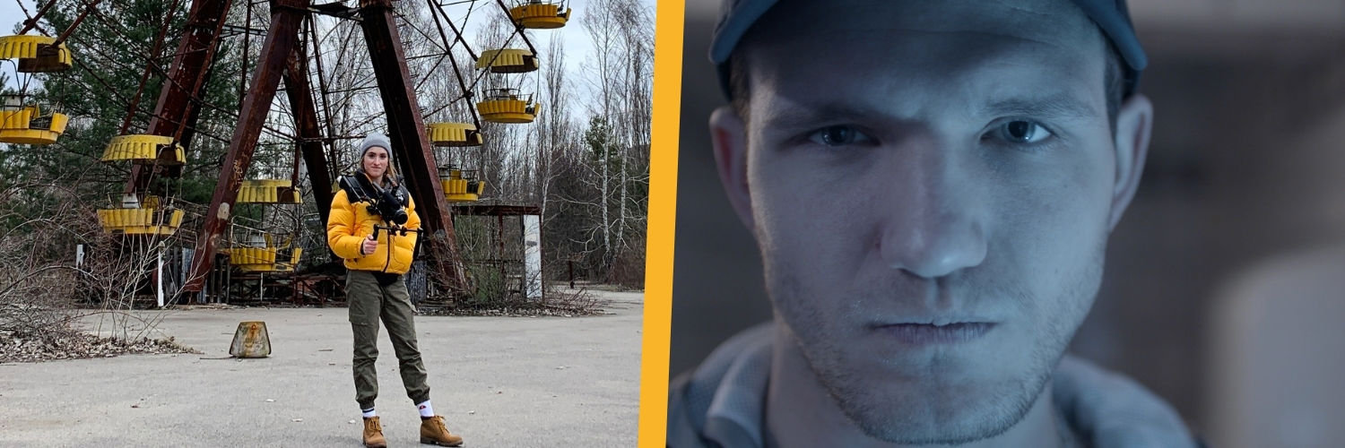 Alexandra Gilbert on location in the Chernobyl Exclusion Zone and a still from Margherita Mazza's film ALBA.