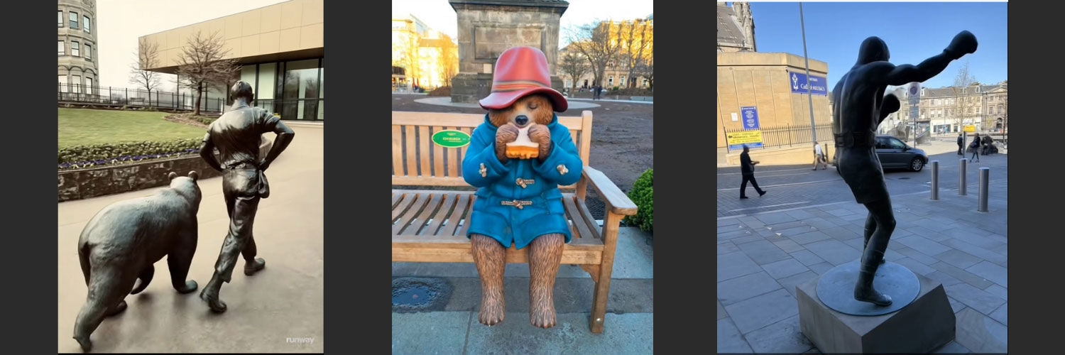 A collage of three stills from a video on AI generated video. The stills include a shot of a statue of a man and a bear; Paddington Bear sat on a bench; and a statue of an athlete.