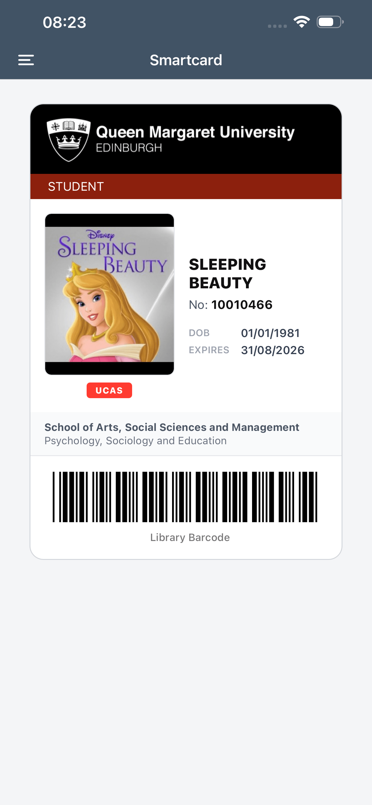 Screenshot of the MYQMU app smartcard page