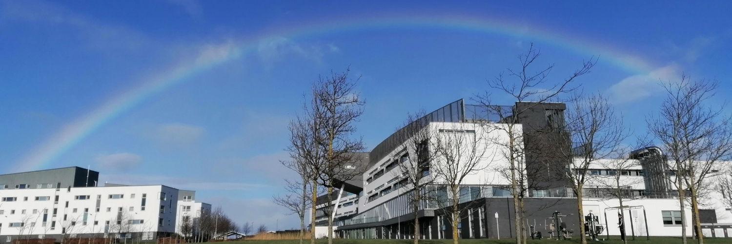 A photo showing a rainbow over the University campus.