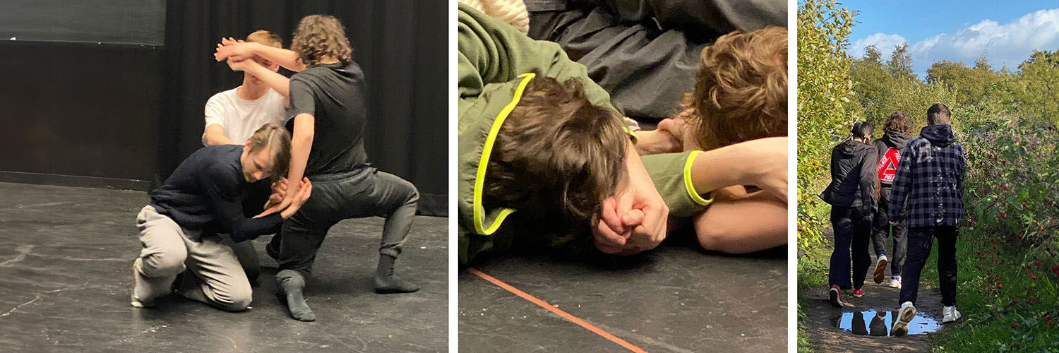 Three images knitted together - showing students in dramatic poses and also participating in a group walk along a path