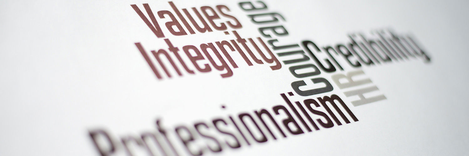 A word cloud with "values, integrity, professionalism, courage, HR & credibility"
