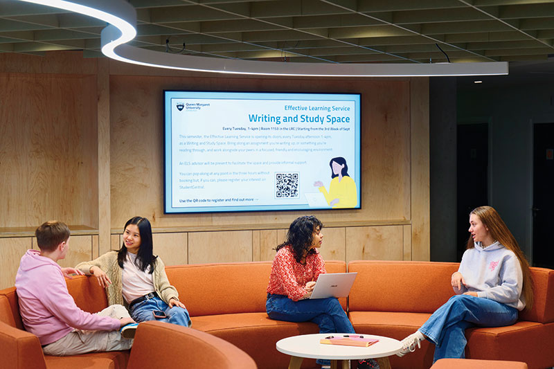 Photo of students chatting on comfortable sofa in our Learning Resource Centre