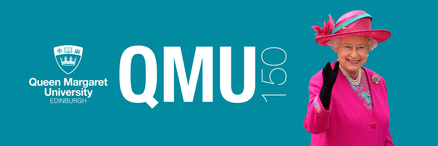 A standard banner with the QMU Logo and the text "QMU150" alongside an image of Queen Elizabeth II.
