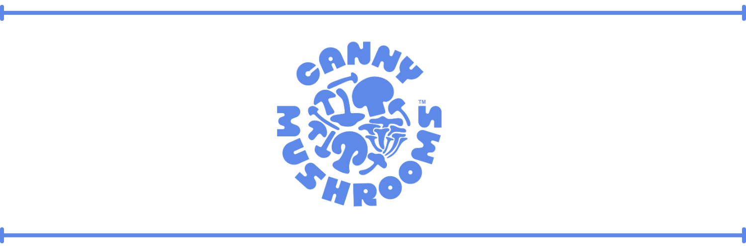 Canny Mushrooms Logo, white and blue mushroom design