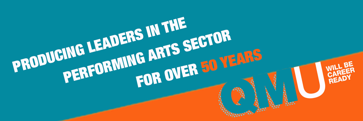 Orange and Blue Banner reading "producing leaders in the performing arts sector for over 50 years"