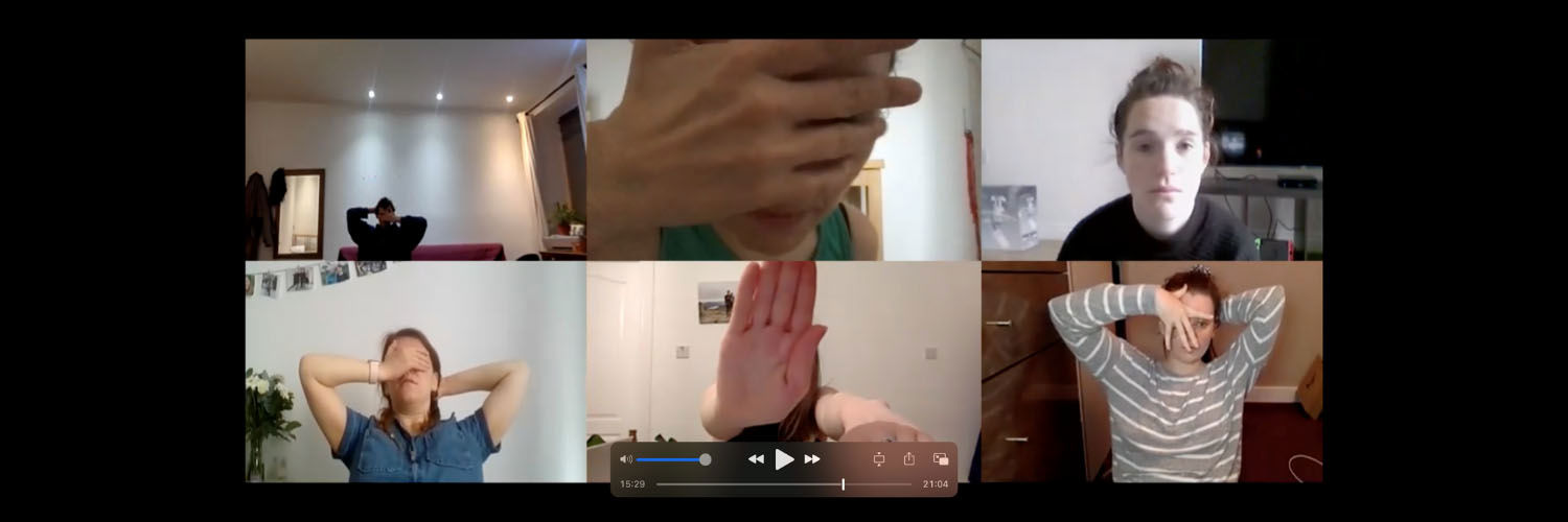 A collage of people taking part in a class via an online web chat.