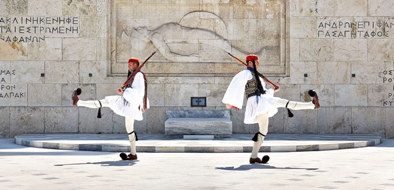 The ceremonial changing of the guard at the Tomb of the Unknown Soldier in Athens, Greece.