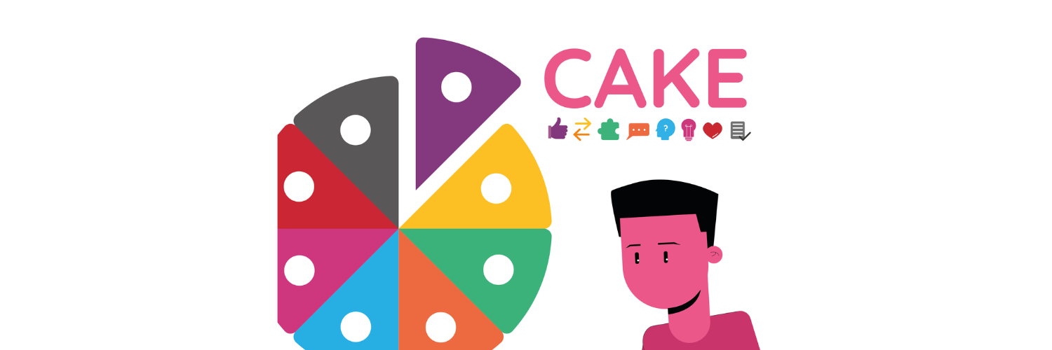 colourful graphics of a cake separated out into different slices and a cartoon style man looking at the cake