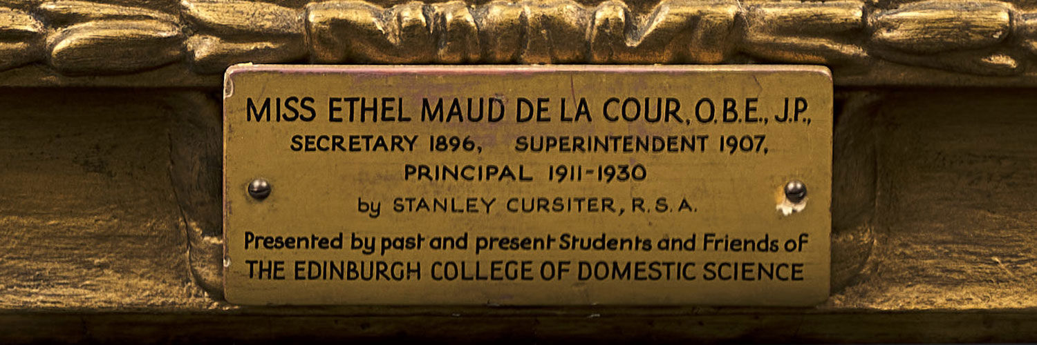 This is a portrait of Ethel De La Cour, who was the first professional principal of Edinburgh College of Domestic Science. She was in post from 1909 until 1930.