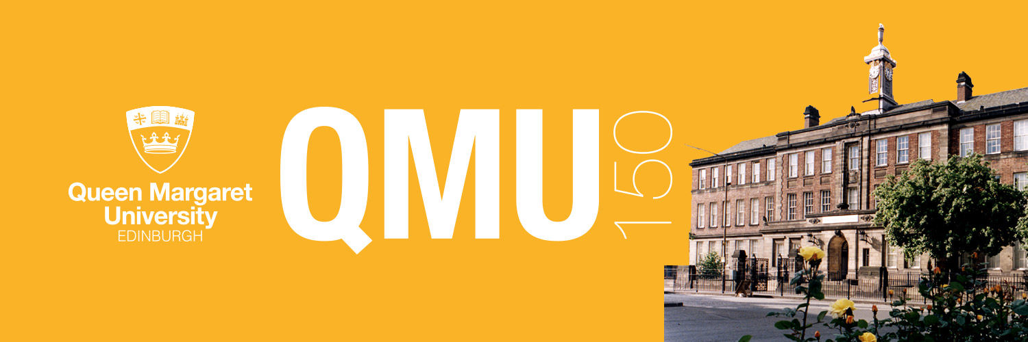 A standard banner with the QMU Logo and the text "QMU150" alongside a photo of Leith Academy.