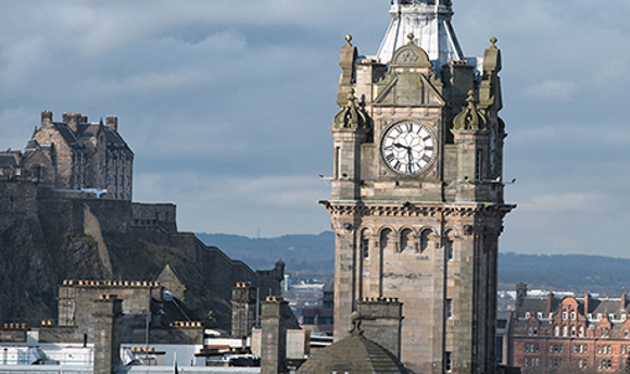 Balmoral Hotel clock tower on a cloudy day, Edinburgh city centre