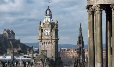 Balmoral Hotel clock tower on a cloudy day, Edinburgh city centre