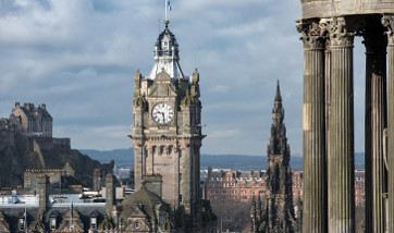 Balmoral Hotel clock tower on a cloudy day, Edinburgh city centre