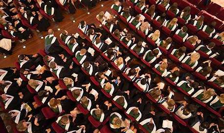 An aerial view of QMU students sitting in the crowd at their graduation ceremony, Edinburgh