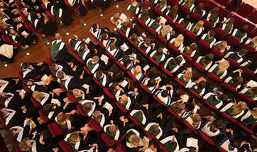 An aerial view of QMU students sitting in the crowd at their graduation ceremony, Edinburgh