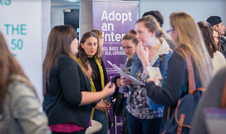 A busy recruitment fair event at Queen Margaret University, Edinburgh