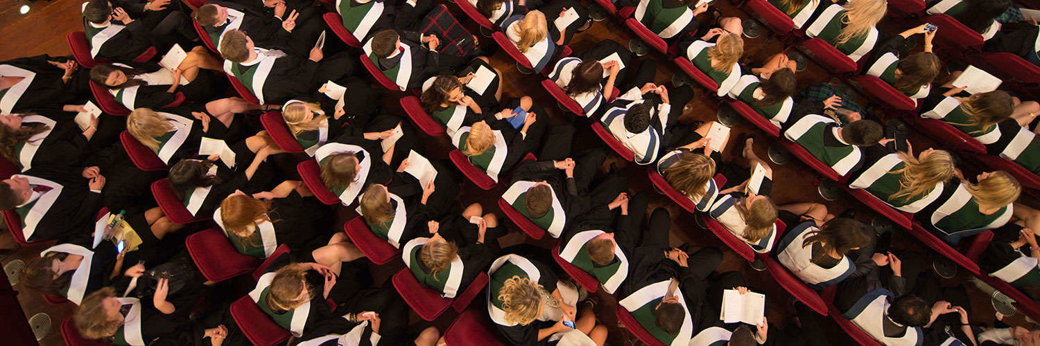 An aerial view of QMU students sitting in the crowd at their graduation ceremony, Edinburgh