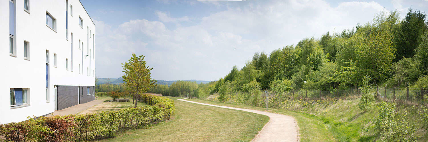 The Queen Margaret University Campus walk way alongside a building on a bright day