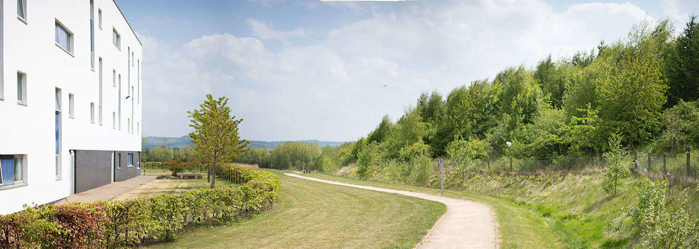 The Queen Margaret University Campus walk way alongside a building on a bright day