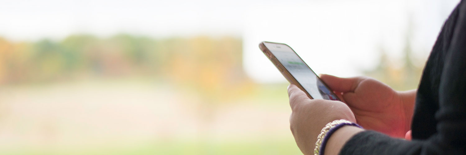 Wide angle view of a person's hands holding their mobile phone