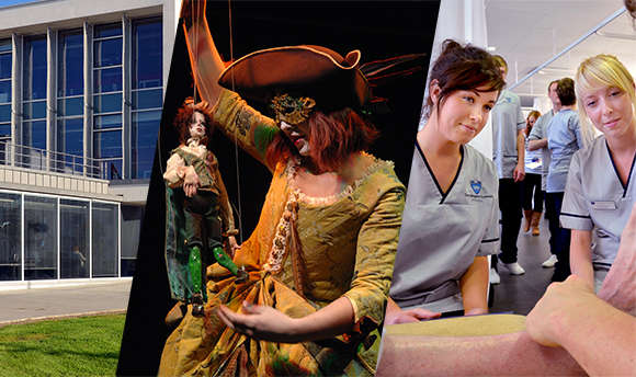 Collage of QMU, a puppeteer on stage and two nursing students