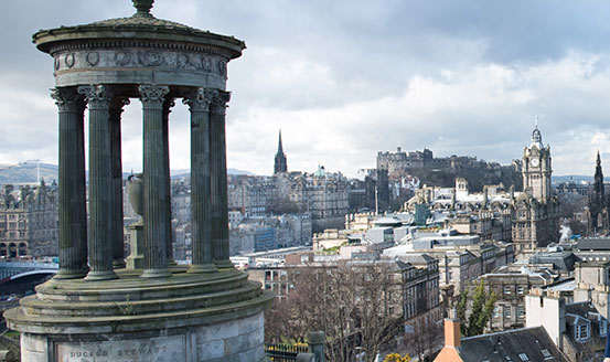 The Dugald Stewart Monument with the city scape sprawling into the distance, Edinburgh