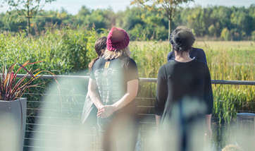 A small group of people talking, facing away from the camera, on a sunny day outside