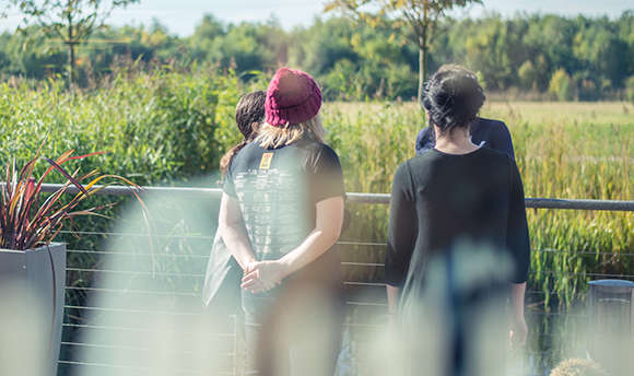 A small group of people talking, facing away from the camera, on a sunny day outside