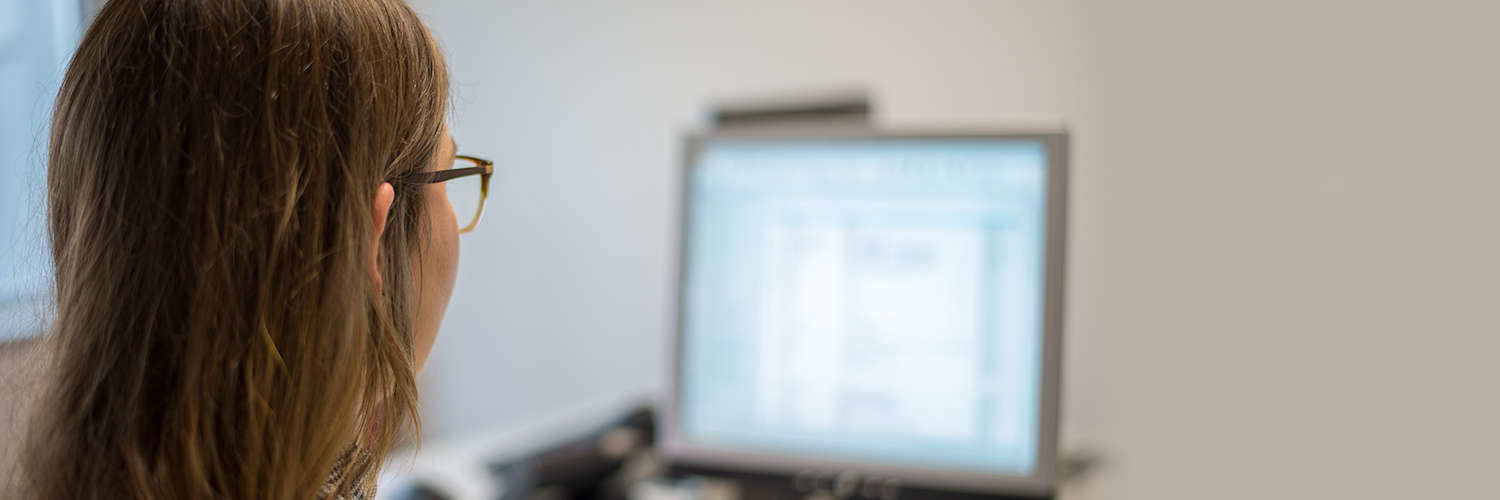 The back of a person's head and the blurry screen of their desktop in front of them