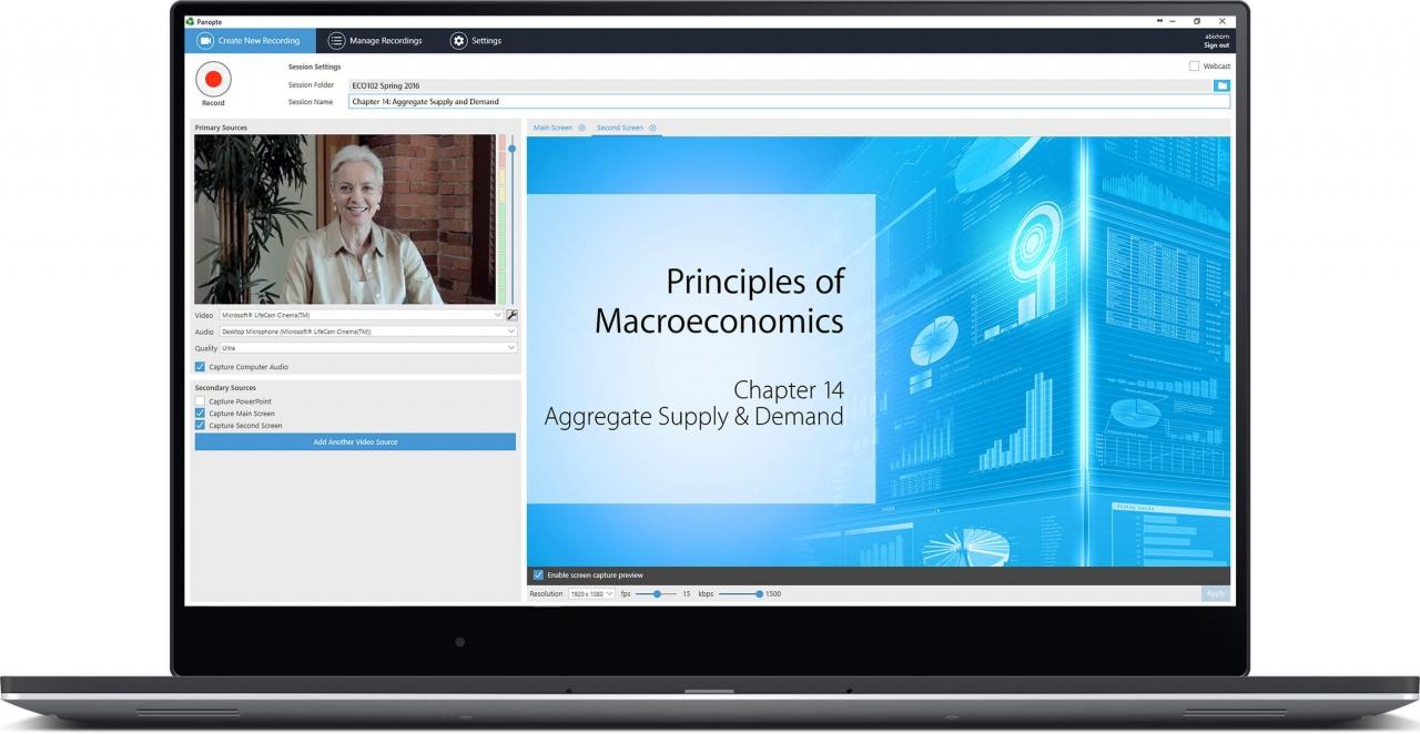 Screen showing a lecturer recording a lesson on macroeconomics